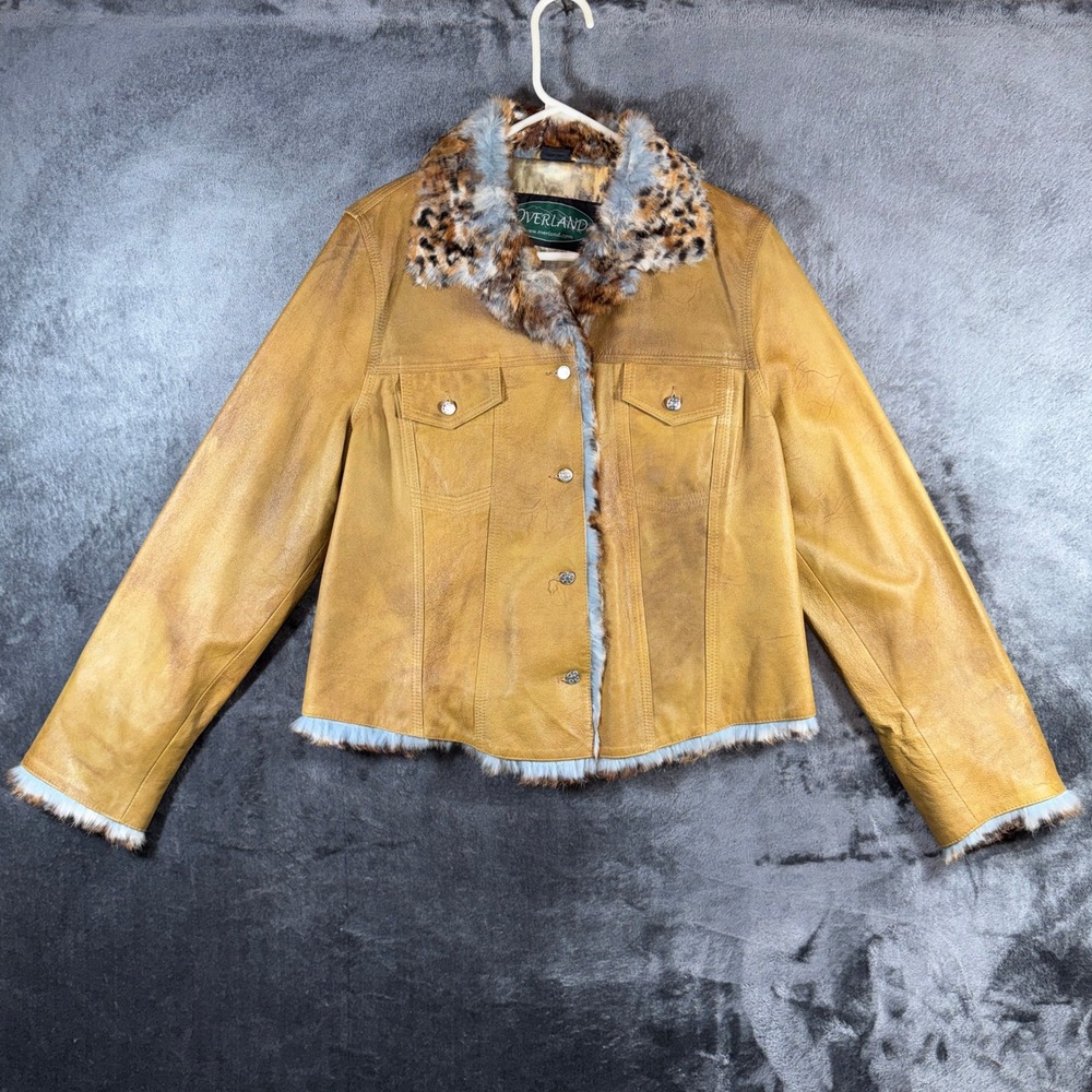 Overland Women's XL Genuine Leather Jacket Fur Trim Leopard Lined Tan